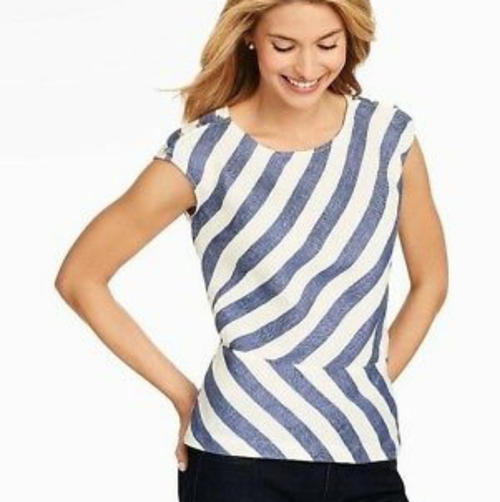Talbots linen blue bias stripe Peplum top  14